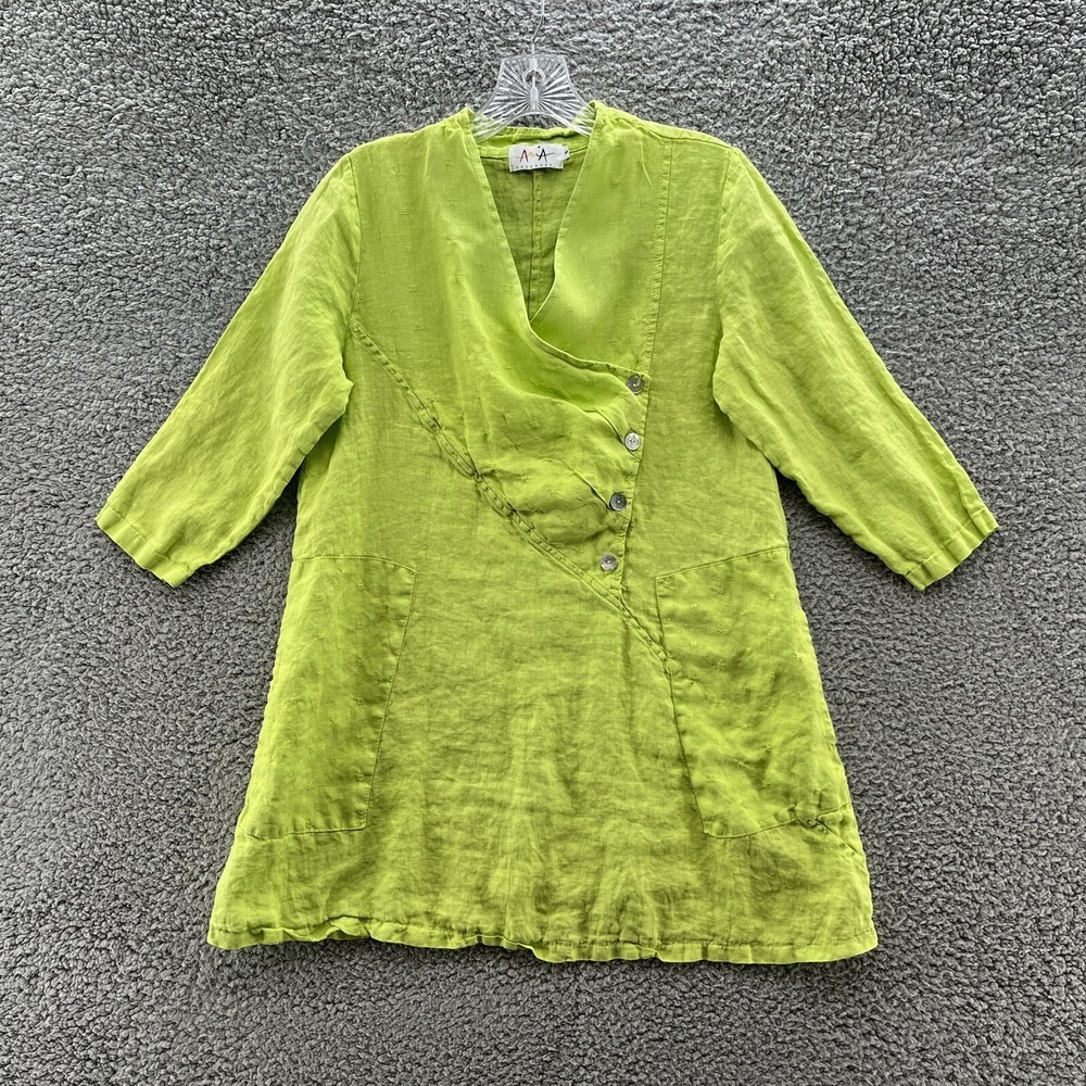 AriA Homemade Blouse Womens Small Green Linen Relaxed Art Boho Italy Tunic Top